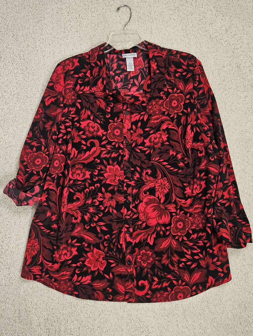 Catherines Blouse Button Up Roll Tab Black Red Floral Stretch Womens 2x Office